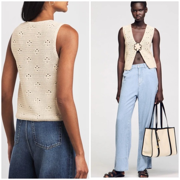 Sandro Crochet Knit Vest with Floral Detail Beige Ecru SZ 1 US 4 S - Picture 2 of 10